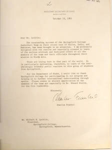 Letter to Springfield College President Wilbert Locklin from Assistant Secretary of State, Charles Frankel (1965)