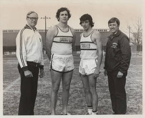 Men's Track and Field Coach Vern Cox, Dave Sherman, Dave McCann, & Assistant Coach Ken Klatka (1976)
