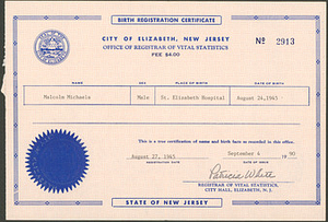 Birth Registration Certificate for Marsha P. Johnson