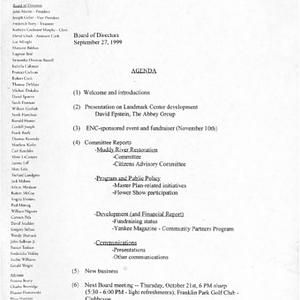 Agenda from Emerald Necklace Conservancy Board of Directors meeting on September 27, 1999