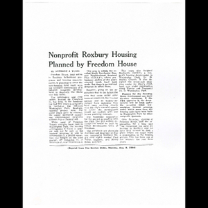 Photocopy of Boston Globe article, Nonprofit Roxbury housing planned by Freedom House