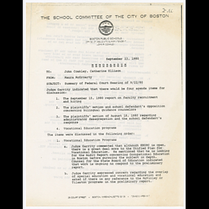 Memorandum from Maura McGroarty to John Coakley and Catherine Ellison about federal court hearing held September 22, 1980