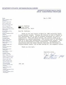 Correspondence from John Kenney to Lou Sullivan (May 5, 1986)