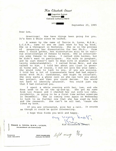 Correspondence from Kim Stuart to Lou Sullivan (September 23, 1985)