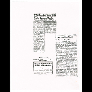 Photocopy of newspaper articles regarding Roxbury displacement by the Boston Redevelopment Authority and public land hearing for Washington Park