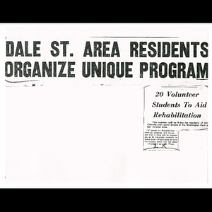 Photocopies of newspaper articles regarding rehabilitation efforts across the city and Freedom House's youth volunteer program