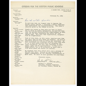 Letter from Herbert P. Gleason to Mr. and Mrs. Snowden about School Committee elections