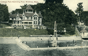 A post card picture of Cottage Park swimming pool in Winthrop, MA.