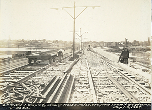 Dorchester Rapid Transit section 1. General south view of tracks, poles, etc. from Summit Underpass