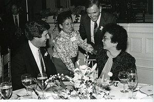 Mayor Raymond L. Flynn at Faneuil Hall with Filipino President Corazon Aquino, Senator John F. Kerry and an unidentified woman
