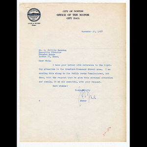 Correspondence between Mayor John B. Hynes and O. Phillip Snowden concerning lights on Humboldt Avenue between Crawford Street and Townsend Street