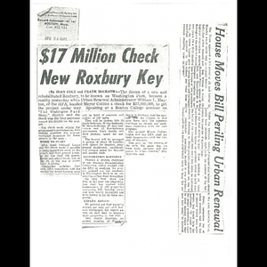 Photocopies of newspaper articles about start of construction in Washington Park urban renewal area, and Massachusetts' House passing bill to hinder urban renewal