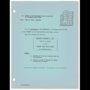 Memorandum from Byron F. Angel, Chairman to members of the Washington Park Association of Apartment House Owners about meeting on November 4, 1964 and meeting agenda