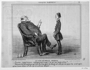 Un COURS DE MORALE MODERNE. - Voyons, jeune homme, expliquez-moi ce que c'est qu'une bonne action?... - Mossieu, le p'tit Langlumé, qui est le fils d'un agent de change, m'a dit que son papa lui avait appris qu'une bonne action est celle qui est au-dessus du pair!...