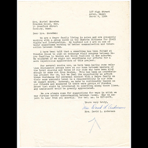 Letter from Mrs. David L. Anderson to Muriel Snowden about Home Visit program and possible inclusion of Acton families