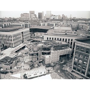 Aerial view of Kariotis Hall with workers during construction