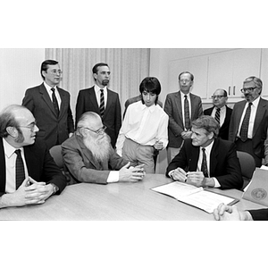 President Curry, Provost Lowndes, and officials of Moscow State University sign a student and faculty exchange agreement