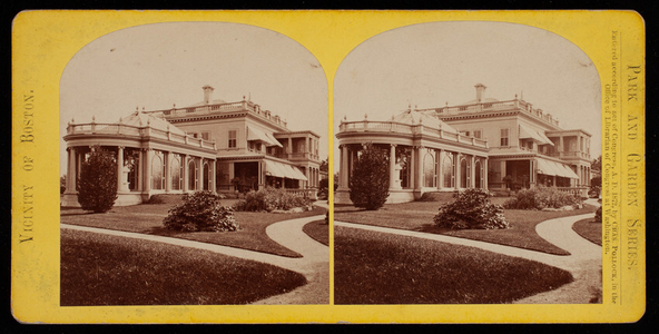 Stereograph of exterior of main house and conservatory, Hunnewell Estate, Wellesley, Mass.