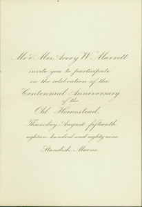 Invitation from Mr. and Mrs. Avery W. Marrett, to participate in the celebration of the centennial anniversary of the Old Homestead (1789 - 1889)