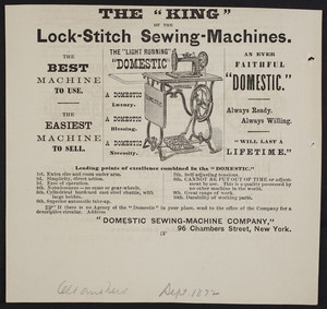 Advertisement for The Light Running Domestic, Domestic Sewing-Machine Company, 96 Chambers Street, New York, New York, September 1872