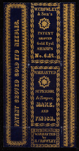 Label for Patent Groved Gold Eyd Sharps, needles, W. Crowley & Son's, location unknown, undated