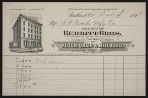Billhead for Burditt Bros., shippers of flour, grain & mill feed, Rutland, Vermont, dated December 4, 1896