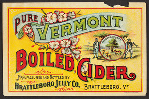 Label for Pure Vermont Boiled Cider, Brattleboro Jelly Co., Brattleboro, Vermont, undated
