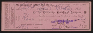 Receipt for Cambridge Gas-Light Company, Dr., Hiton Block, 424 Harvard Street, Cambridge, Mass., dated October 1, 1886