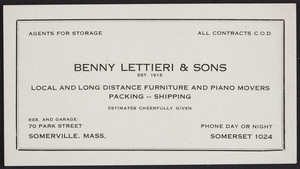 Trade card for Benny Lettieri & Sons, local and long distance furniture and piano movers, 70 Park Street, Somerville, Mass., undated