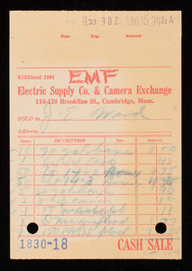 Billhead 1830-18, January 30, EMF Electric Supply Co. & Camera Exchange, 110-120 Brookline Street, Cambridge, Mass.
