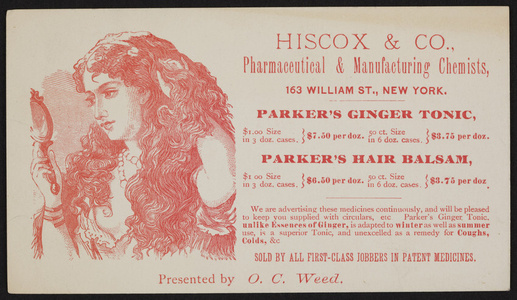 Trade card for Hiscox & Co., pharmaceutical & manufacturing chemists, 163 William Street, New York, New York, undated