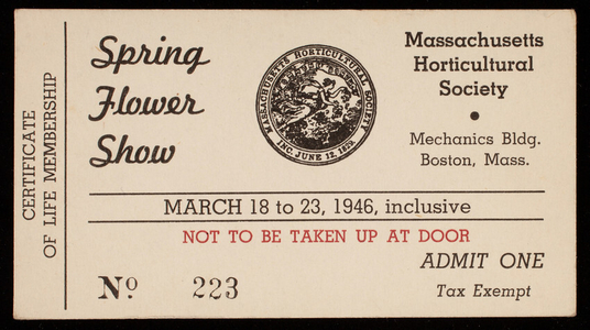 Trade card, spring flower show, March 18-23, 1946 inclusive, Massachusetts Horticultural Society, Mechanics Bldg., Boston, Mass.