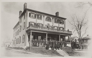 Exterior view of Nickels-Sortwell House with a group on the front porch, Wiscasset, Maine, undated