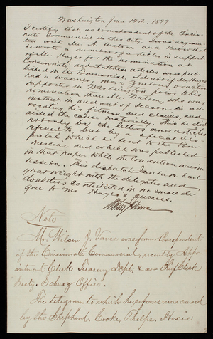 Wilson Vance and [Augustus] Watson to Thomas Lincoln Casey, June 12, 1879