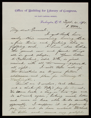[Bernard R.] Green to Thomas Lincoln Casey, September 4, 1891