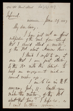 [William] P. [Craighill] to Thomas Lincoln Casey, June 29, 1887