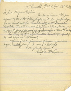 Letter from Benjamin Smith Lyman to Thomas Cramer Hopkins