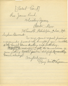 Letter from Banjamin Smith Lyman to James Reed