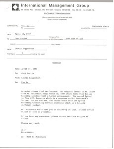 Fax from Laurie Roggenburk to Curt Curtis