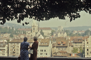 Two women looking out at Zurich