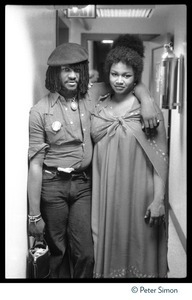 Sly Dunbar with unidentified woman, backstage at Saturday Night Live