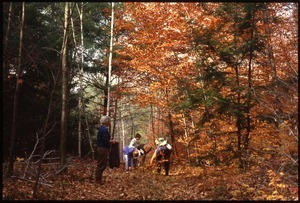 Nina, Dan Keller and children on walk in woods, near Wendell Farm