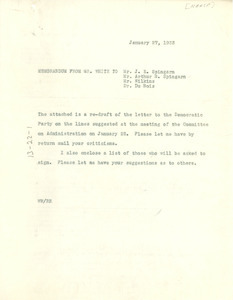 Memorandum from Walter White to J. E. Spingarn, Arthur Spingarn, Roy Wilkins, and W. E. B. Du Bois
