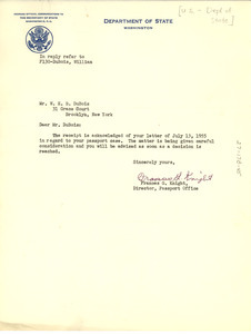 Letter from United States Passport Division to W. E. B. Du Bois