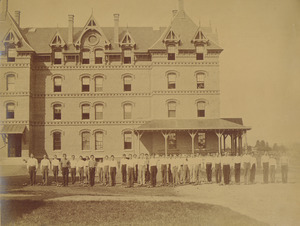 Class of 1872 performing Dumbbell drill in front of North College