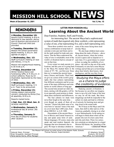 Mission Hill School newsletter, December 10, 2001