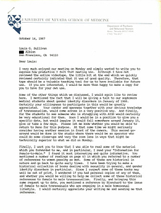 Correspondence from Ira Pauly to Lou Sullivan (October 14, 1987)