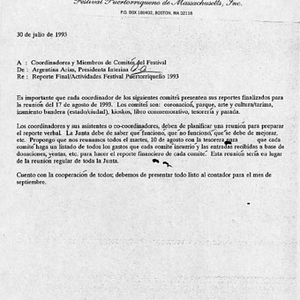 Letter from Argentina Arias to coordinators of Festival Puertorriqueño regarding the 1993 event