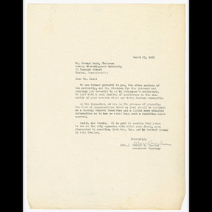 Letter from Muriel Snowden to Joseph Lund about past meeting between Freedom House and Boston Redevelopment Authority (BRA)