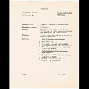 Reports, minutes, attendance list and summary and comments for area #4 meeting, Citizens Urban Renewal Action Committee (CURAC) "Community housekeeping in Washington Park" workshop and police-community relations workshop in March 1964